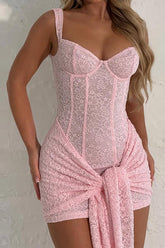 Corset Design Ruched Tie Up Streamer Bodycon Lace Slip Mini Dresses - Pink